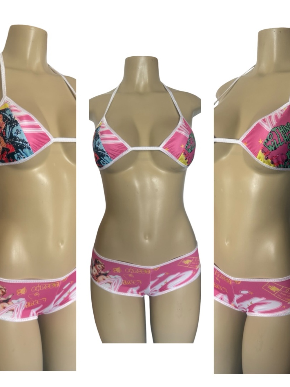 Women’s Pink Graphic Triangle Bikini Set with White Trim